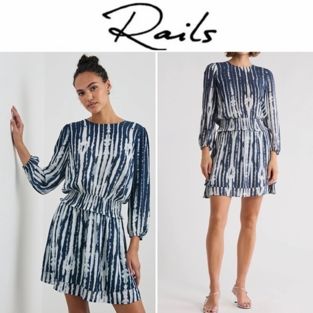 Rails Inez Dress in Striped Navy Blue Nile Smocked Waist Long Sleeve XXS NWT